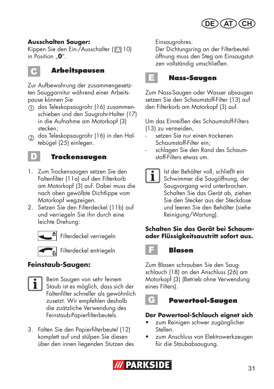 De at ch | Parkside PNTS 1500 B2 User Manual | Page 31 / 52
