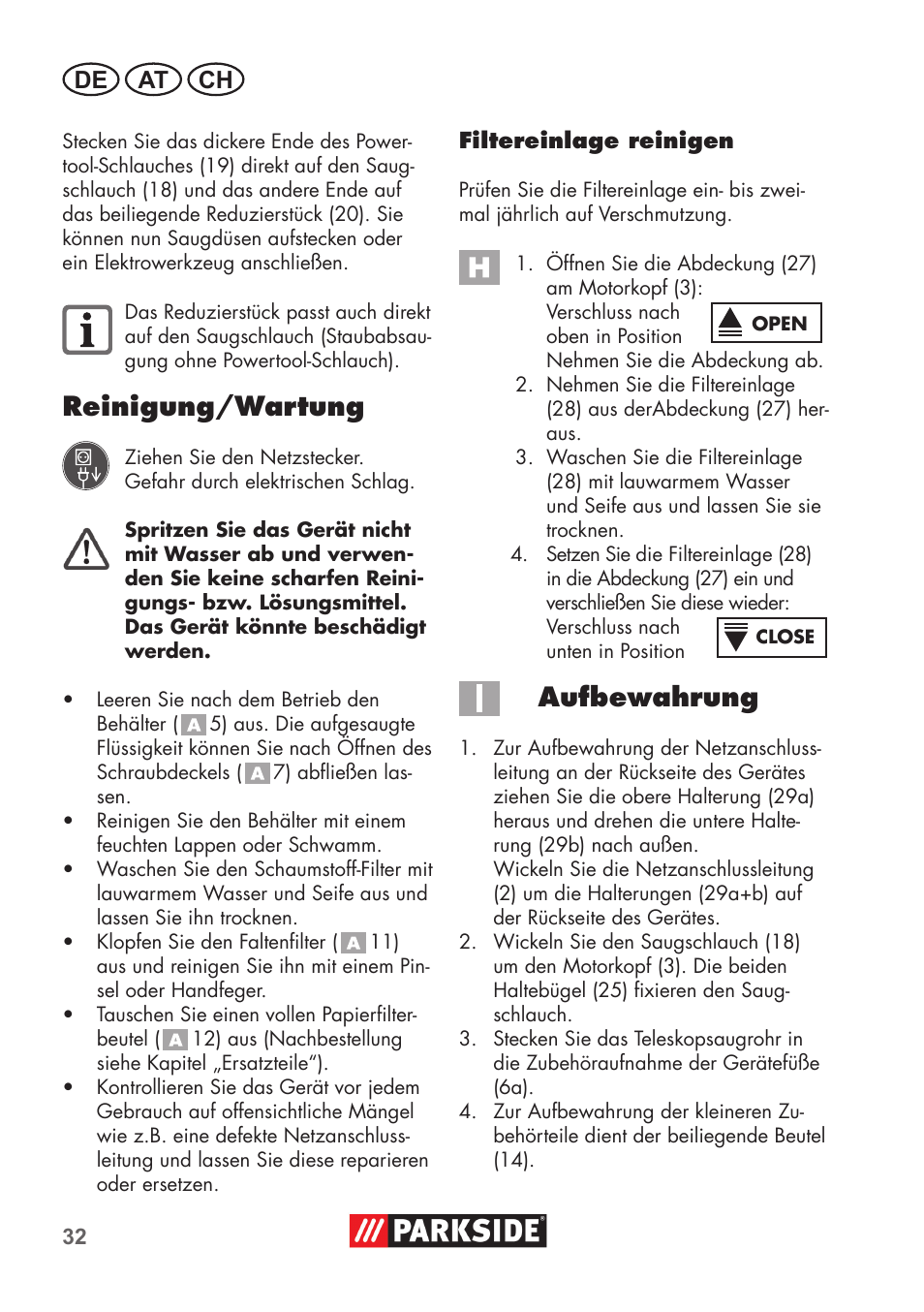 Reinigung/wartung, Aufbewahrung, De at ch | Parkside PNTS 1500 B2 User Manual | Page 32 / 52