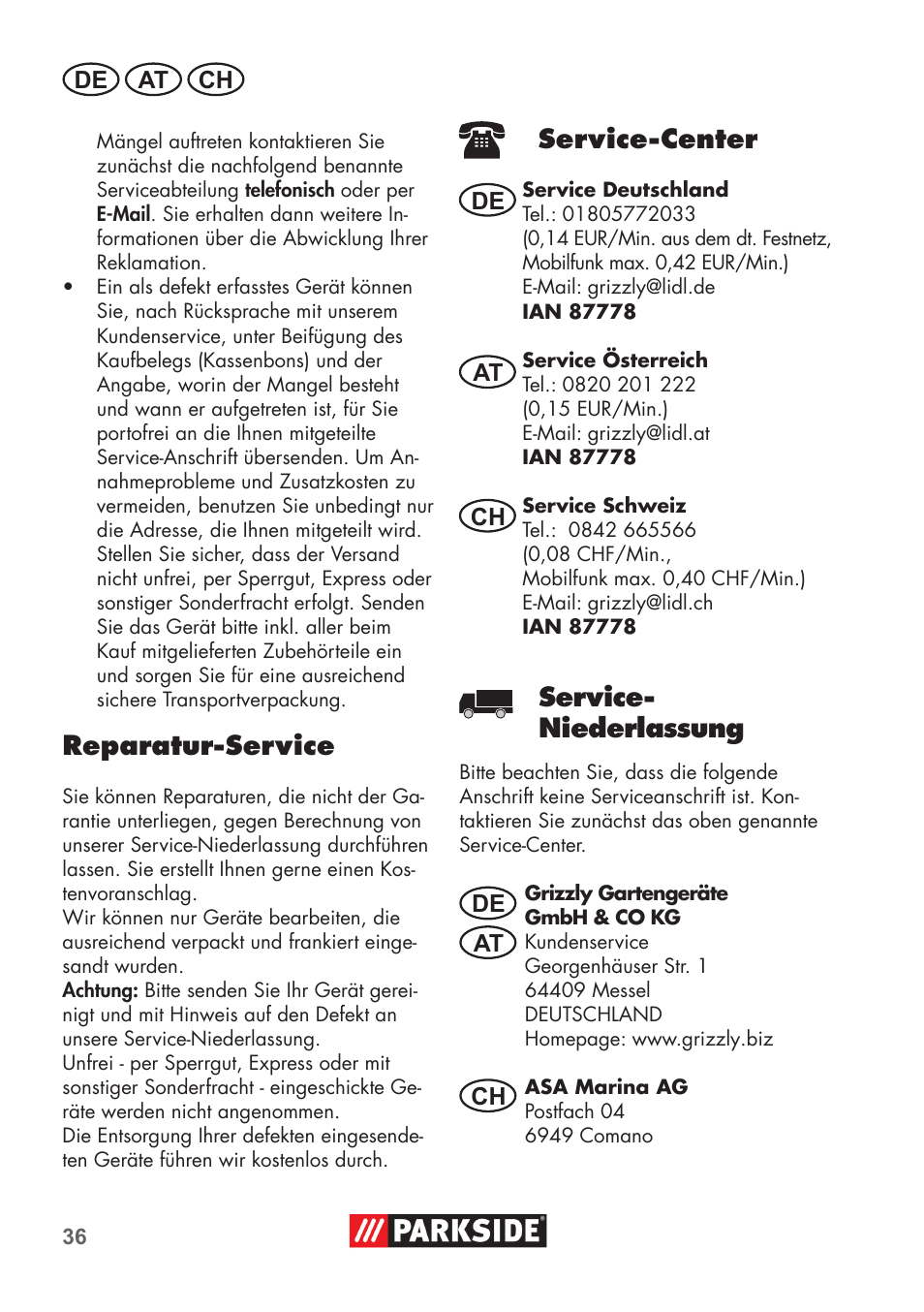 Reparatur-service, Service-center, Service- niederlassung | Parkside PNTS 1500 B2 User Manual | Page 36 / 52