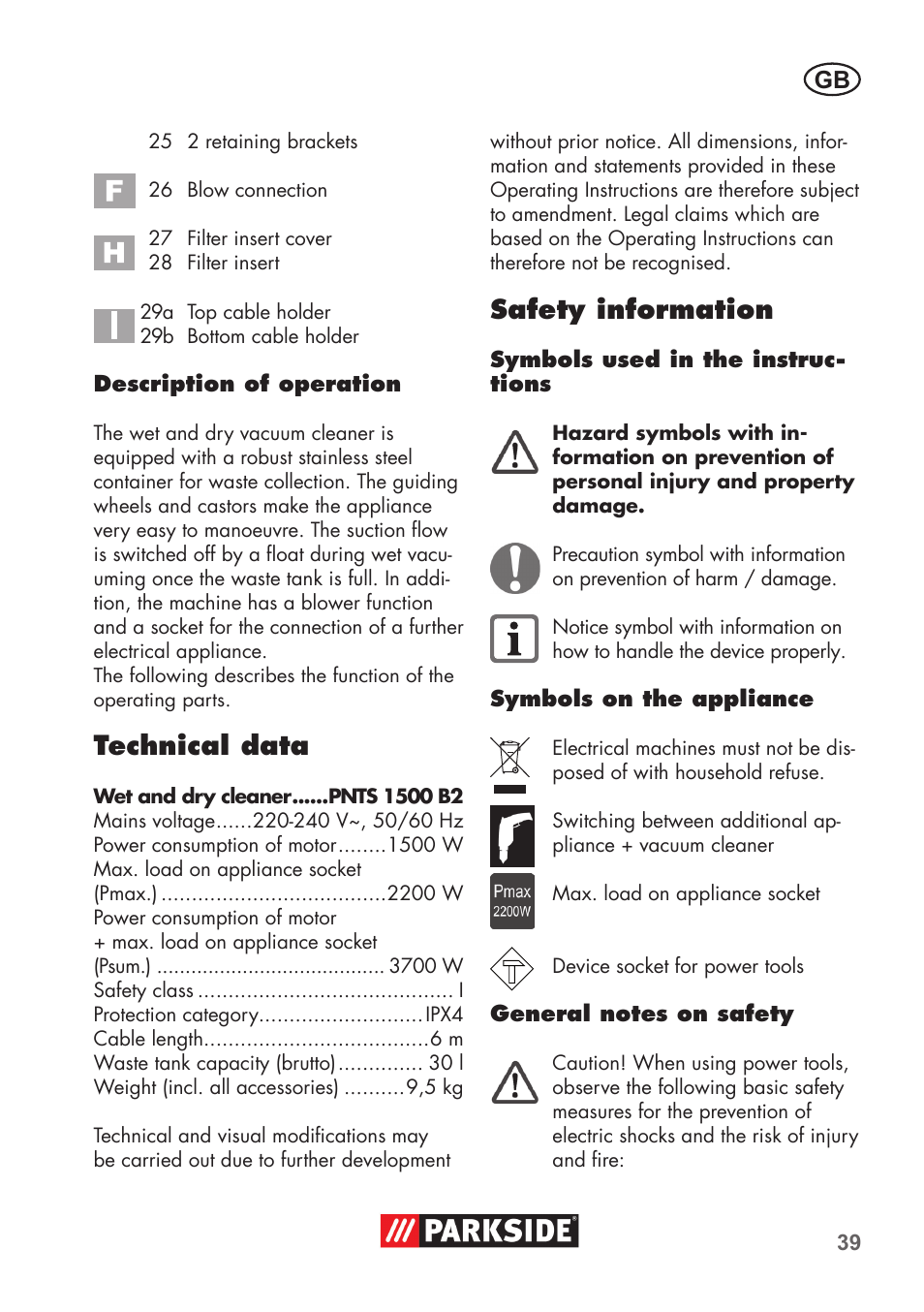 Technical data, Safety information | Parkside PNTS 1500 B2 User Manual | Page 39 / 52