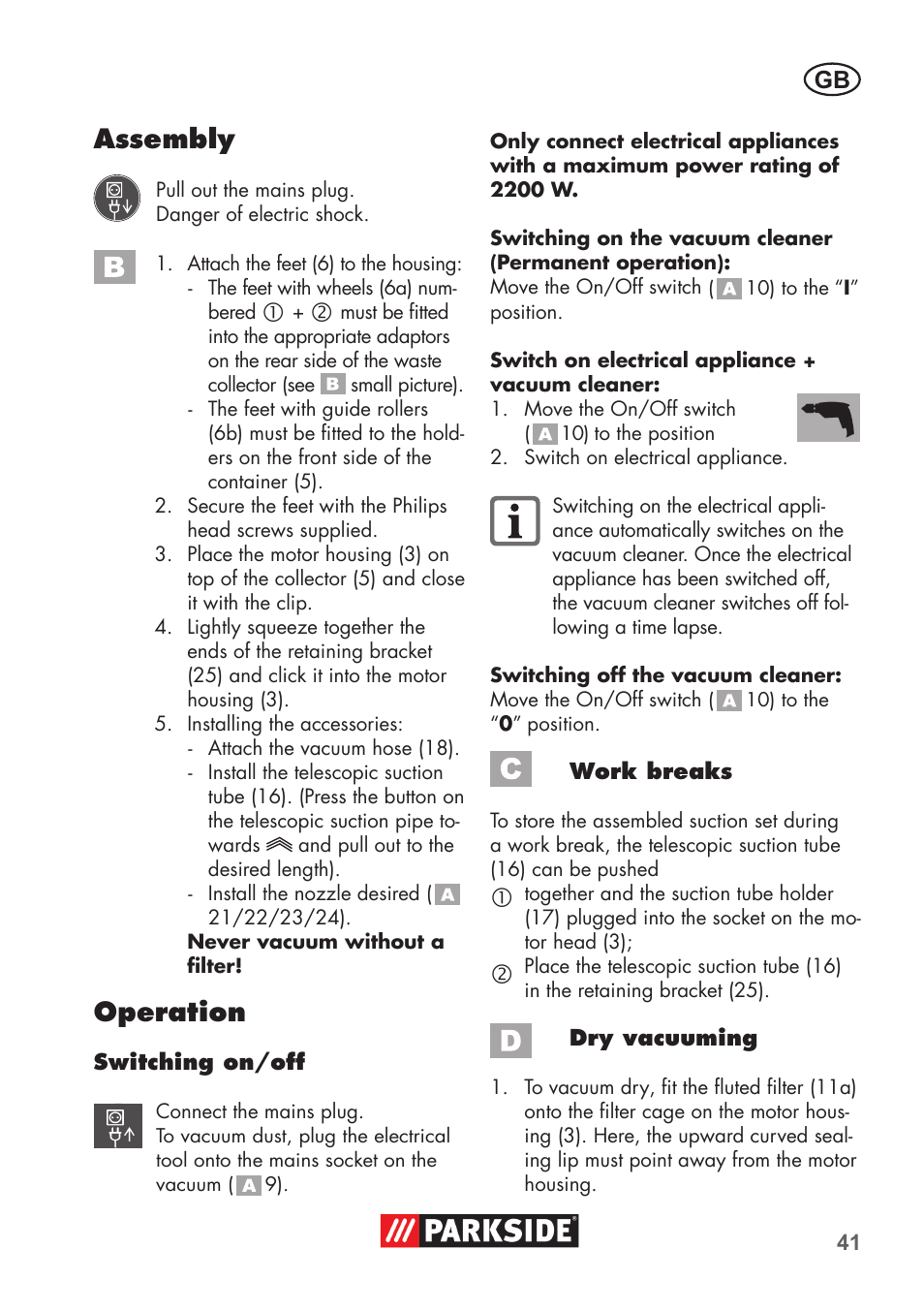 Assembly, Operation | Parkside PNTS 1500 B2 User Manual | Page 41 / 52