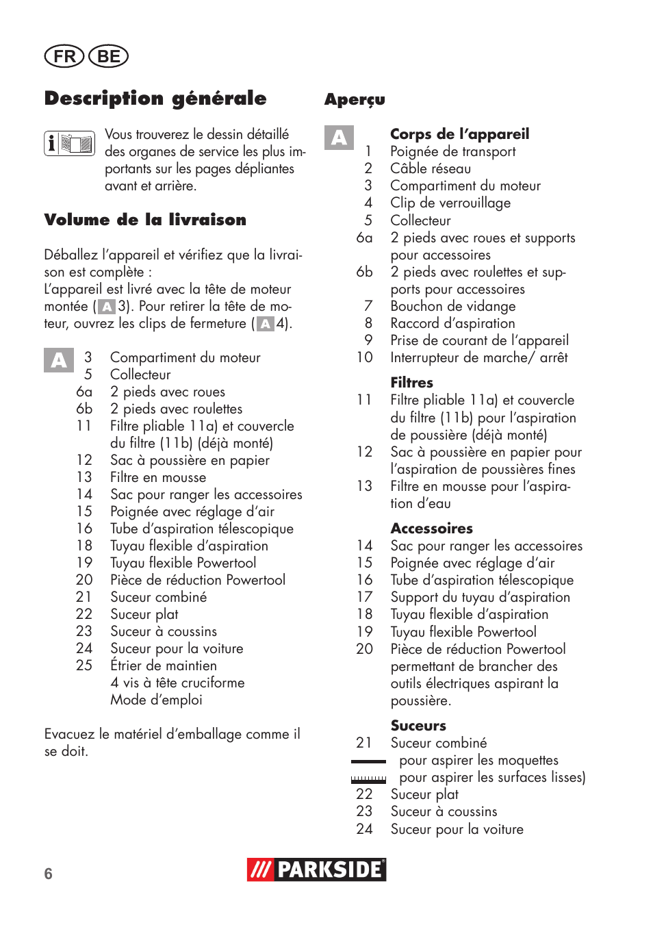 Description générale, Fr be | Parkside PNTS 1500 B2 User Manual | Page 6 / 52