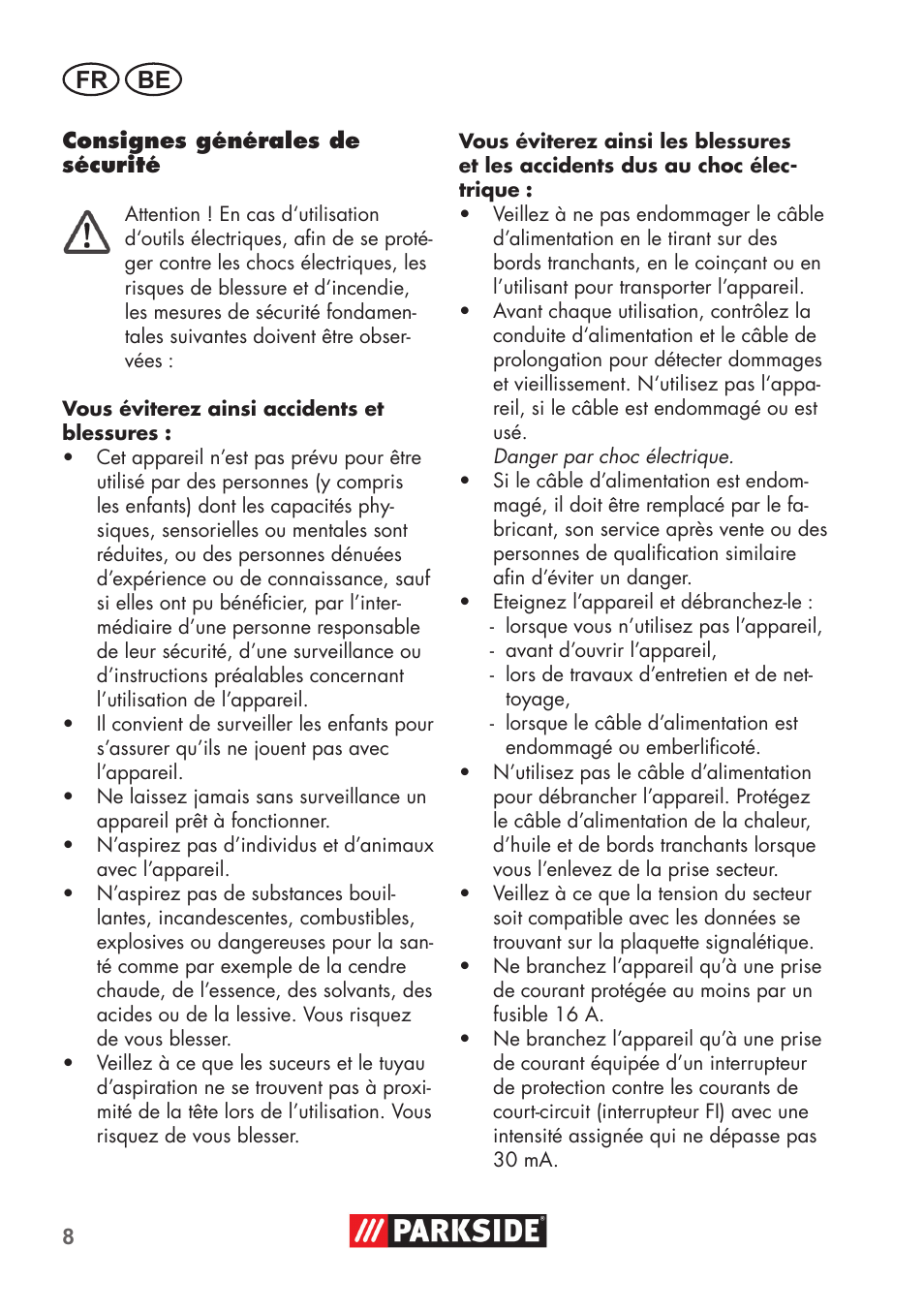 Fr be | Parkside PNTS 1500 B2 User Manual | Page 8 / 52