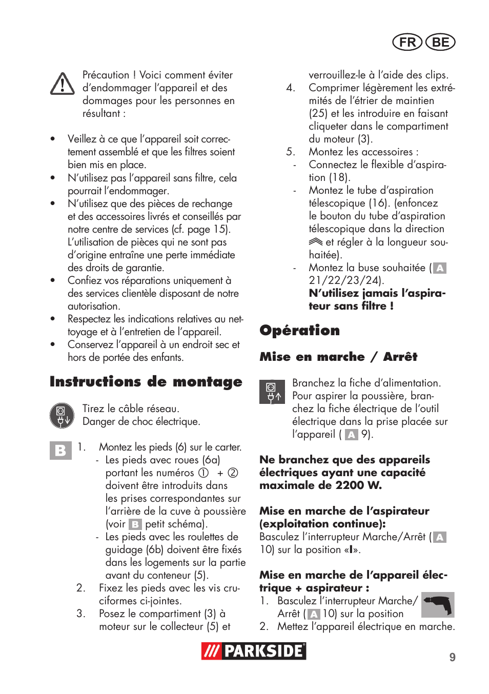 Instructions de montage, Opération, Fr be | Parkside PNTS 1500 B2 User Manual | Page 9 / 52