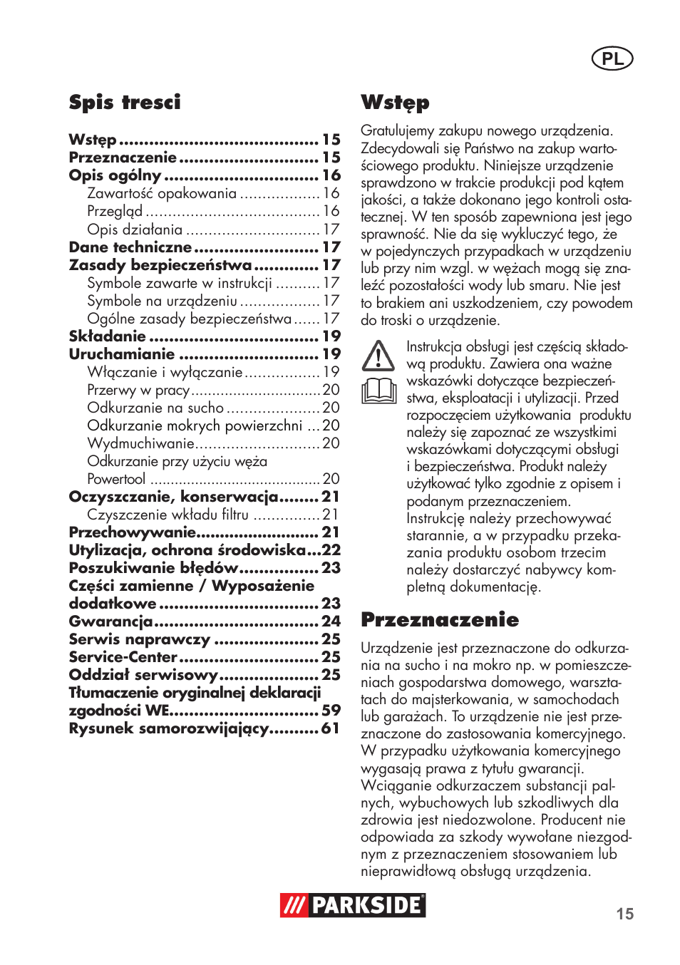 Spis tresci, Wstęp, Przeznaczenie | Parkside PNTS 1500 B2 User Manual | Page 15 / 64