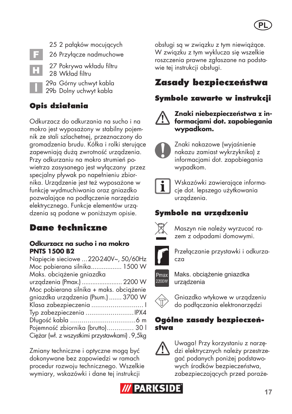 Dane techniczne, Zasady bezpieczeństwa | Parkside PNTS 1500 B2 User Manual | Page 17 / 64