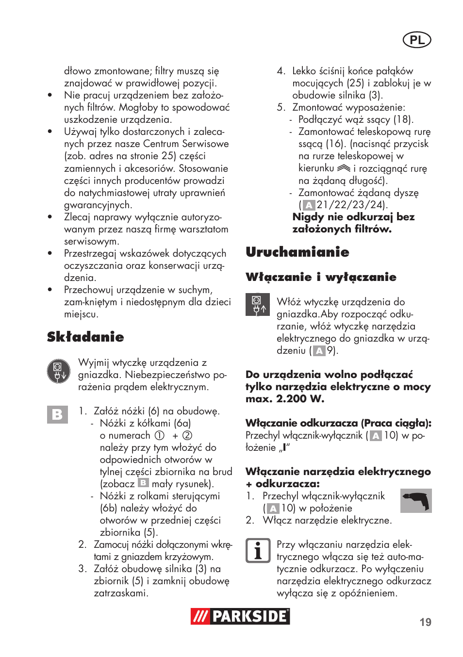 Składanie, Uruchamianie | Parkside PNTS 1500 B2 User Manual | Page 19 / 64