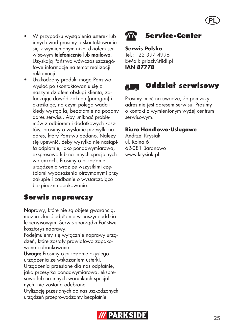 Serwis naprawczy, Service-center, Oddział serwisowy | Parkside PNTS 1500 B2 User Manual | Page 25 / 64