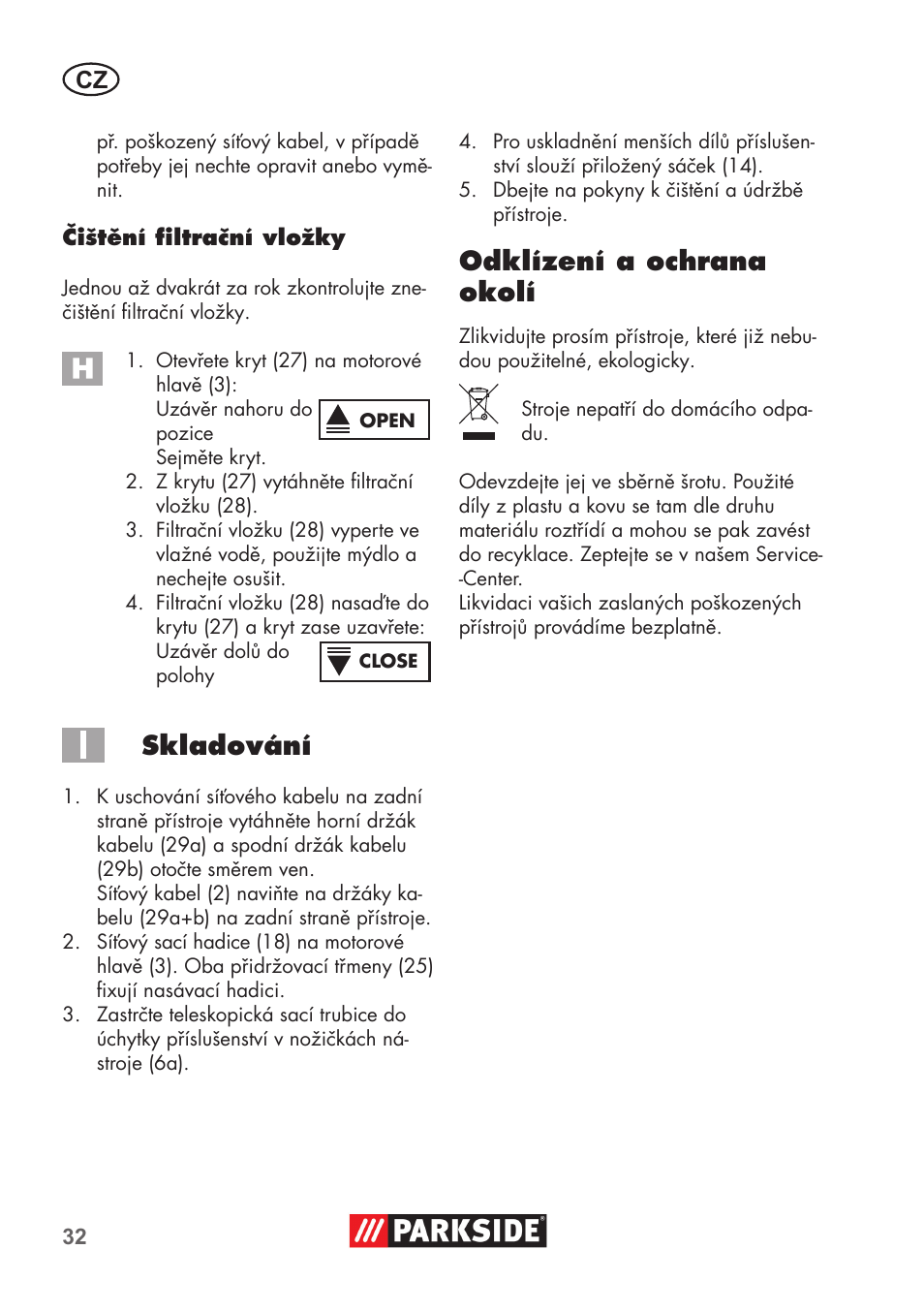 Skladování, Odklízení a ochrana okolí | Parkside PNTS 1500 B2 User Manual | Page 32 / 64