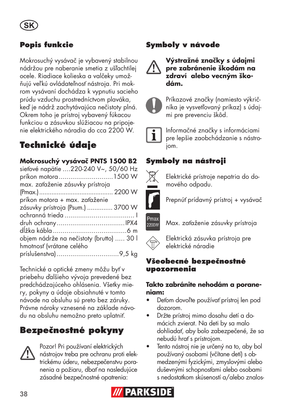 Technické údaje, Bezpečnostné pokyny | Parkside PNTS 1500 B2 User Manual | Page 38 / 64