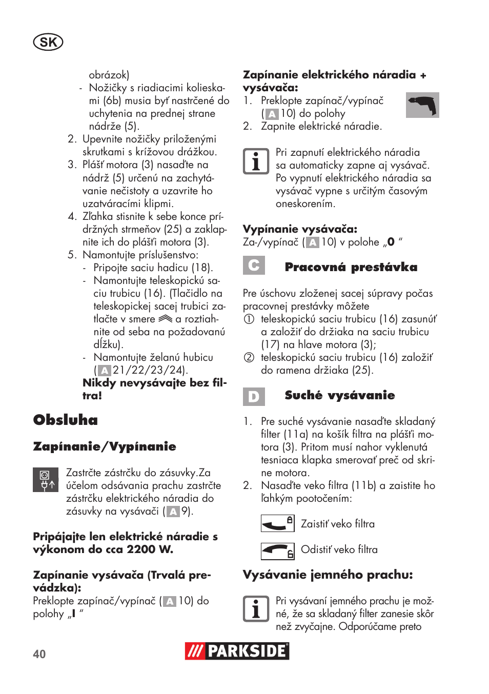 Obsluha | Parkside PNTS 1500 B2 User Manual | Page 40 / 64