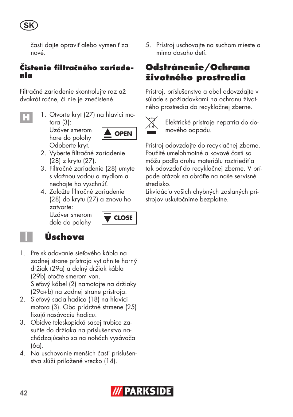 Úschova, Odstránenie/ochrana životného prostredia | Parkside PNTS 1500 B2 User Manual | Page 42 / 64