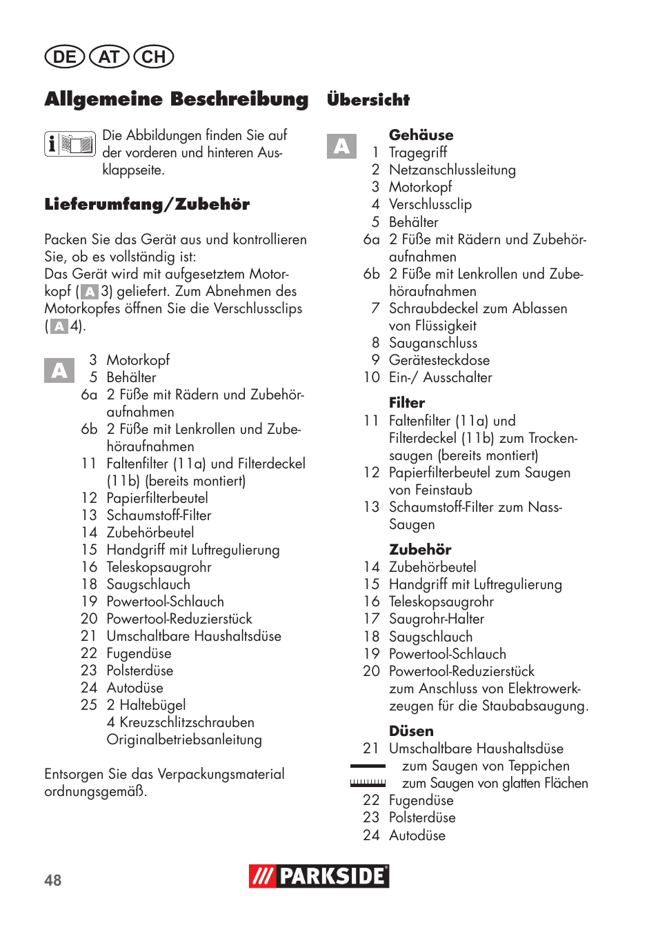Allgemeine beschreibung, De at ch | Parkside PNTS 1500 B2 User Manual | Page 48 / 64