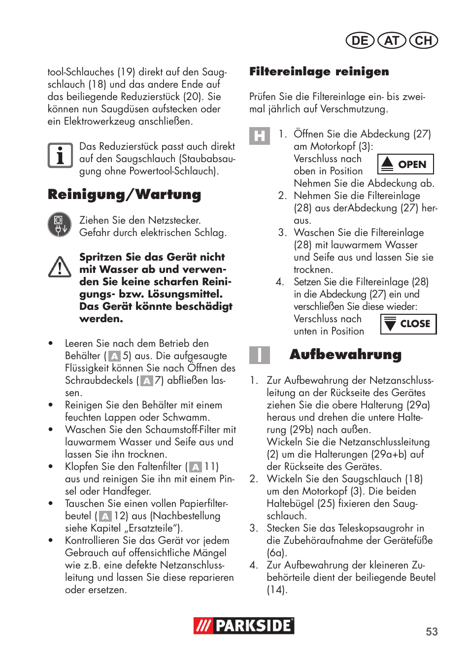 Reinigung/wartung, Aufbewahrung, De at ch | Parkside PNTS 1500 B2 User Manual | Page 53 / 64