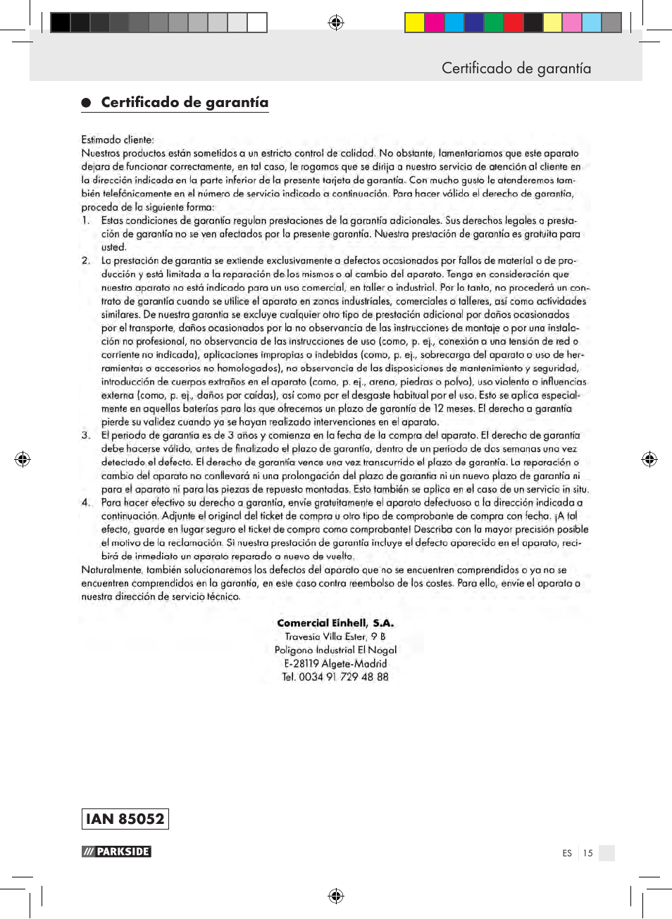 Plan de mantenimiento certificado de garantía | Parkside PSE 2800 B2 User Manual | Page 15 / 65