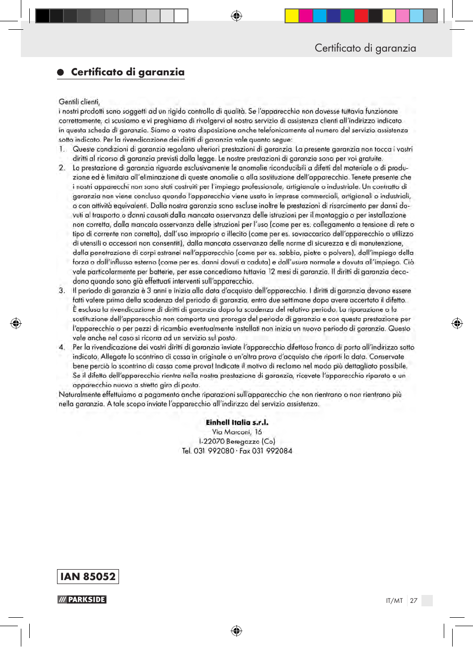 Schema di manutenzione certificato di garanzia | Parkside PSE 2800 B2 User Manual | Page 27 / 65