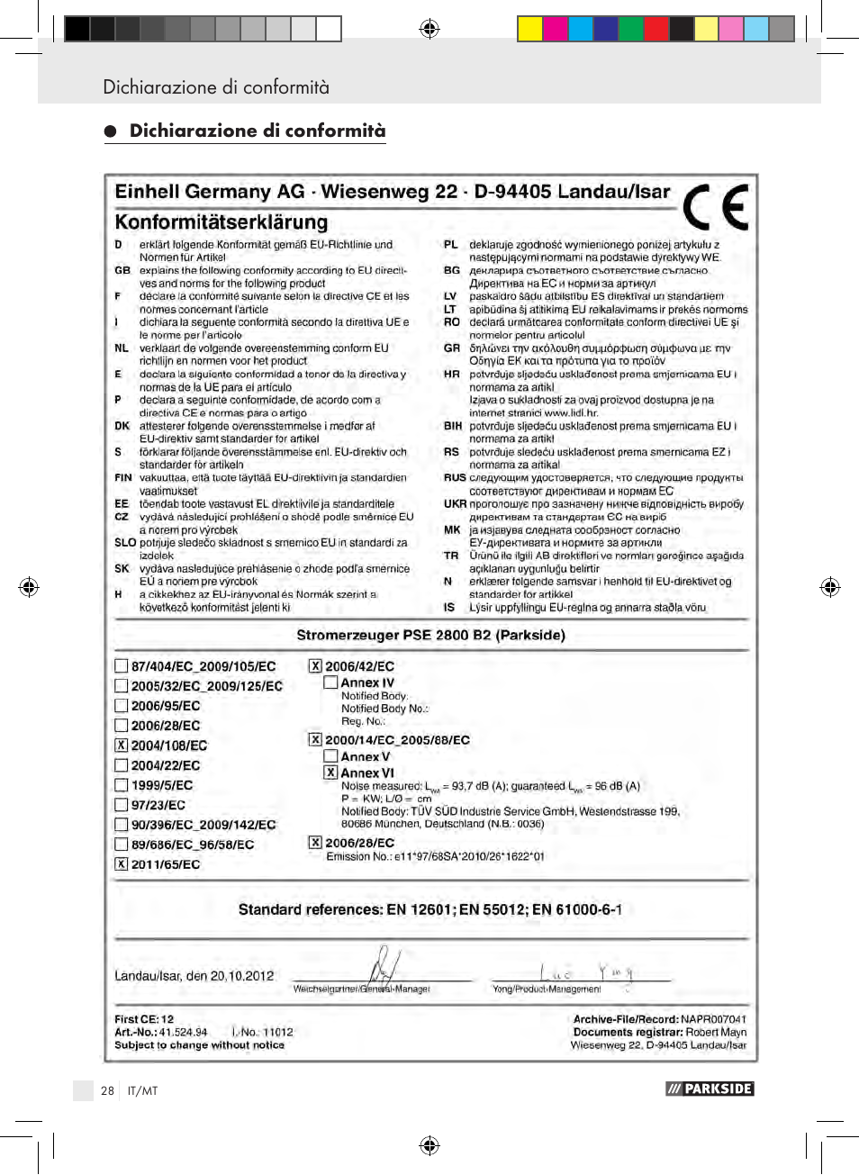Índice dichiarazione di conformità | Parkside PSE 2800 B2 User Manual | Page 28 / 65