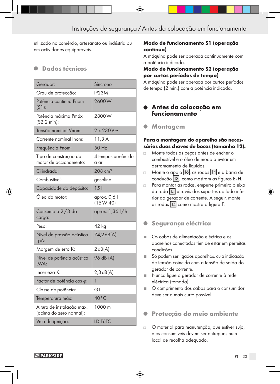 Dados técnicos, Antes da colocação em funcionamento montagem, Segurança eléctrica | Protecção do meio ambiente | Parkside PSE 2800 B2 User Manual | Page 33 / 65