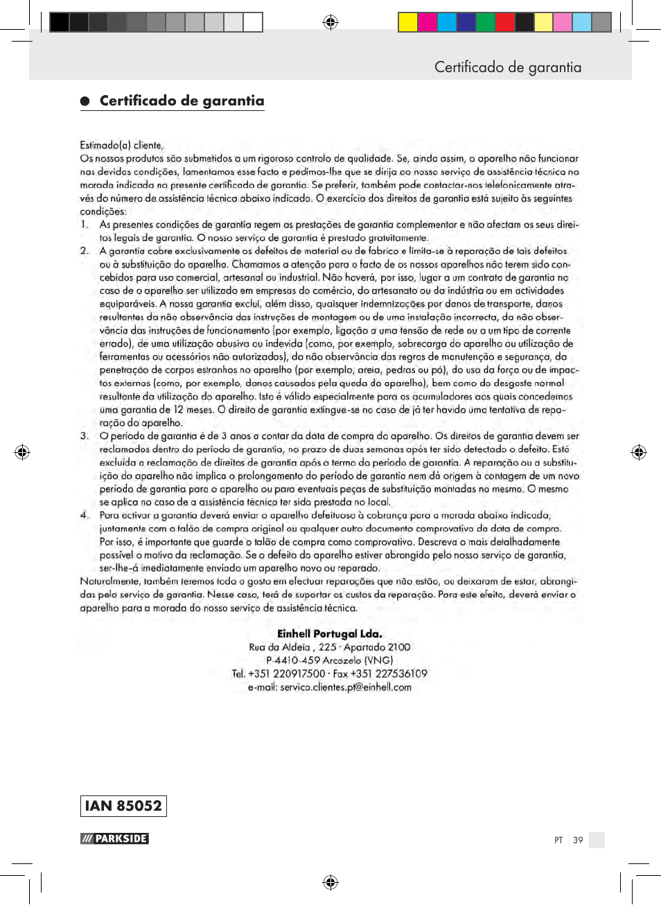 Plano de manutenção certificado de garantia | Parkside PSE 2800 B2 User Manual | Page 39 / 65
