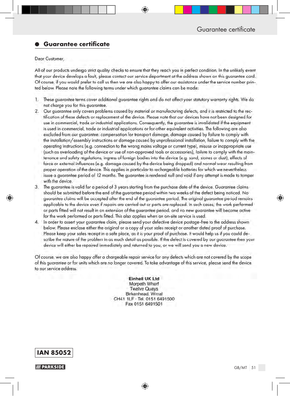 Maintenance schedule guarantee certificate | Parkside PSE 2800 B2 User Manual | Page 51 / 65