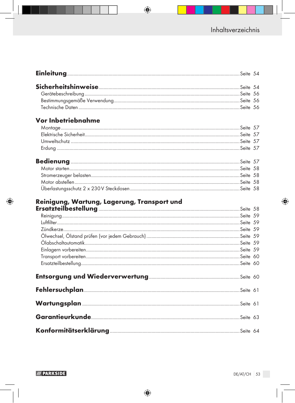 Inhaltsverzeichnis declaration of conformity | Parkside PSE 2800 B2 User Manual | Page 53 / 65