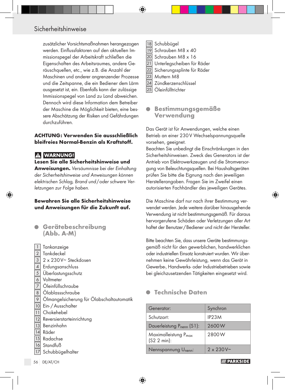 Sicherheitshinweise, Gerätebeschreibung (abb. a-m), Bestimmungsgemäße verwendung | Technische daten | Parkside PSE 2800 B2 User Manual | Page 56 / 65