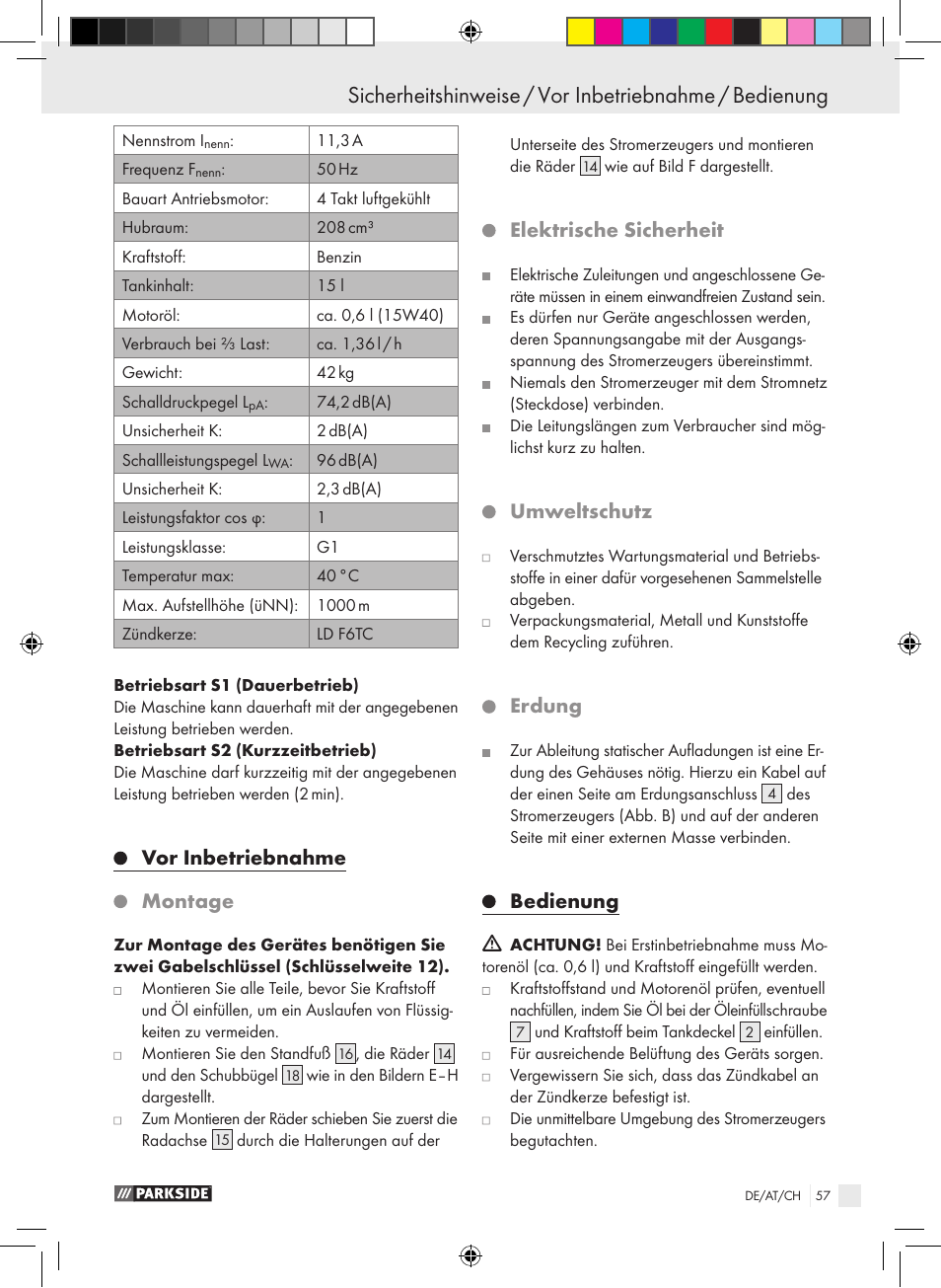 Vor inbetriebnahme montage, Elektrische sicherheit, Umweltschutz | Erdung, Bedienung | Parkside PSE 2800 B2 User Manual | Page 57 / 65