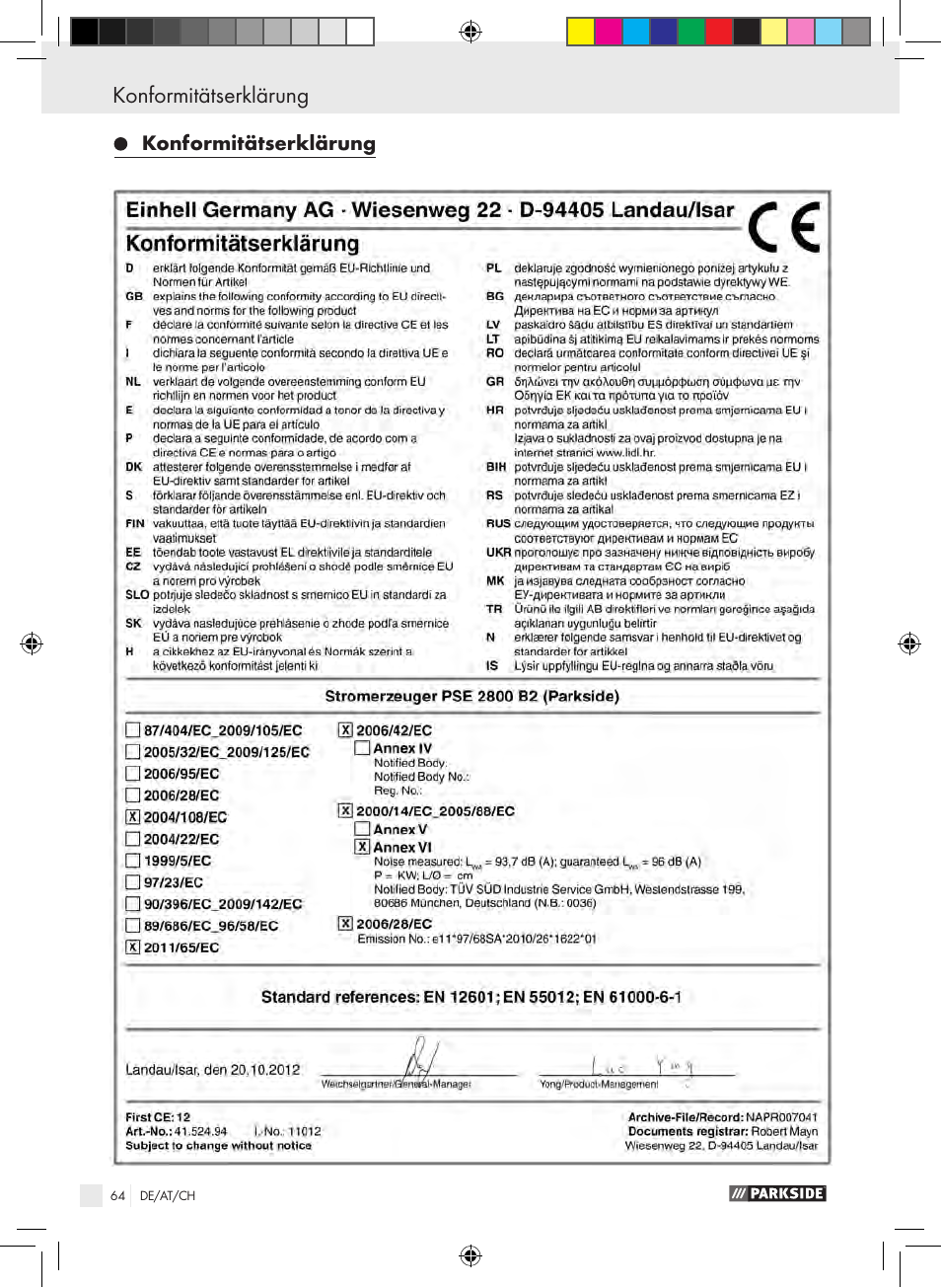 Konformitätserklärung | Parkside PSE 2800 B2 User Manual | Page 64 / 65
