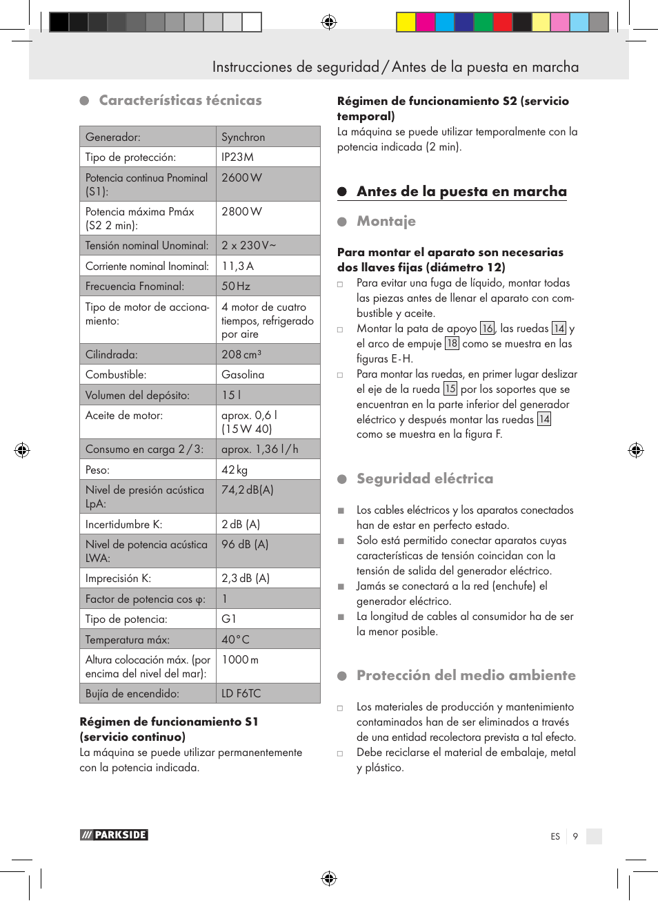 Características técnicas, Antes de la puesta en marcha montaje, Seguridad eléctrica | Protección del medio ambiente | Parkside PSE 2800 B2 User Manual | Page 9 / 65