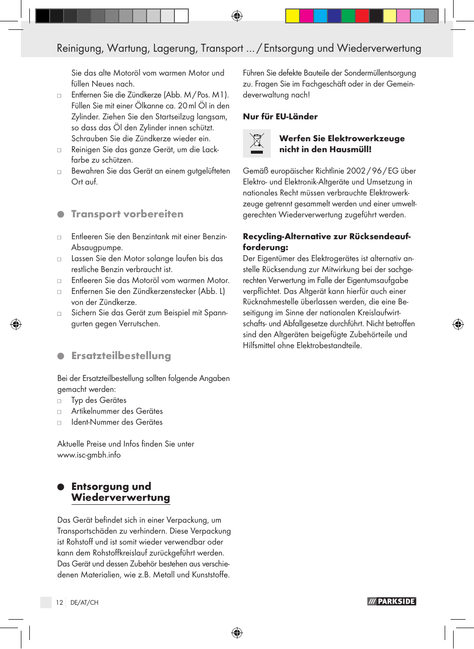 Transport vorbereiten, Ersatzteilbestellung, Entsorgung und wiederverwertung | Parkside PSE 2800 B2 User Manual | Page 12 / 53