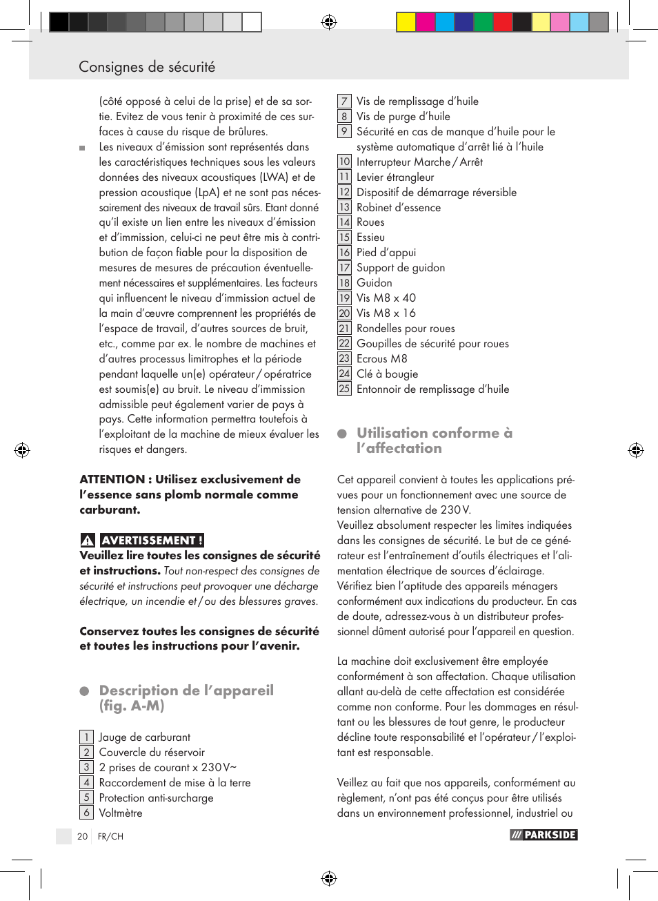 Consignes de sécurité, Consignes de sécurité / avant la mise en service, Description de l’appareil (fig. a-m) | Utilisation conforme à l’affectation | Parkside PSE 2800 B2 User Manual | Page 20 / 53