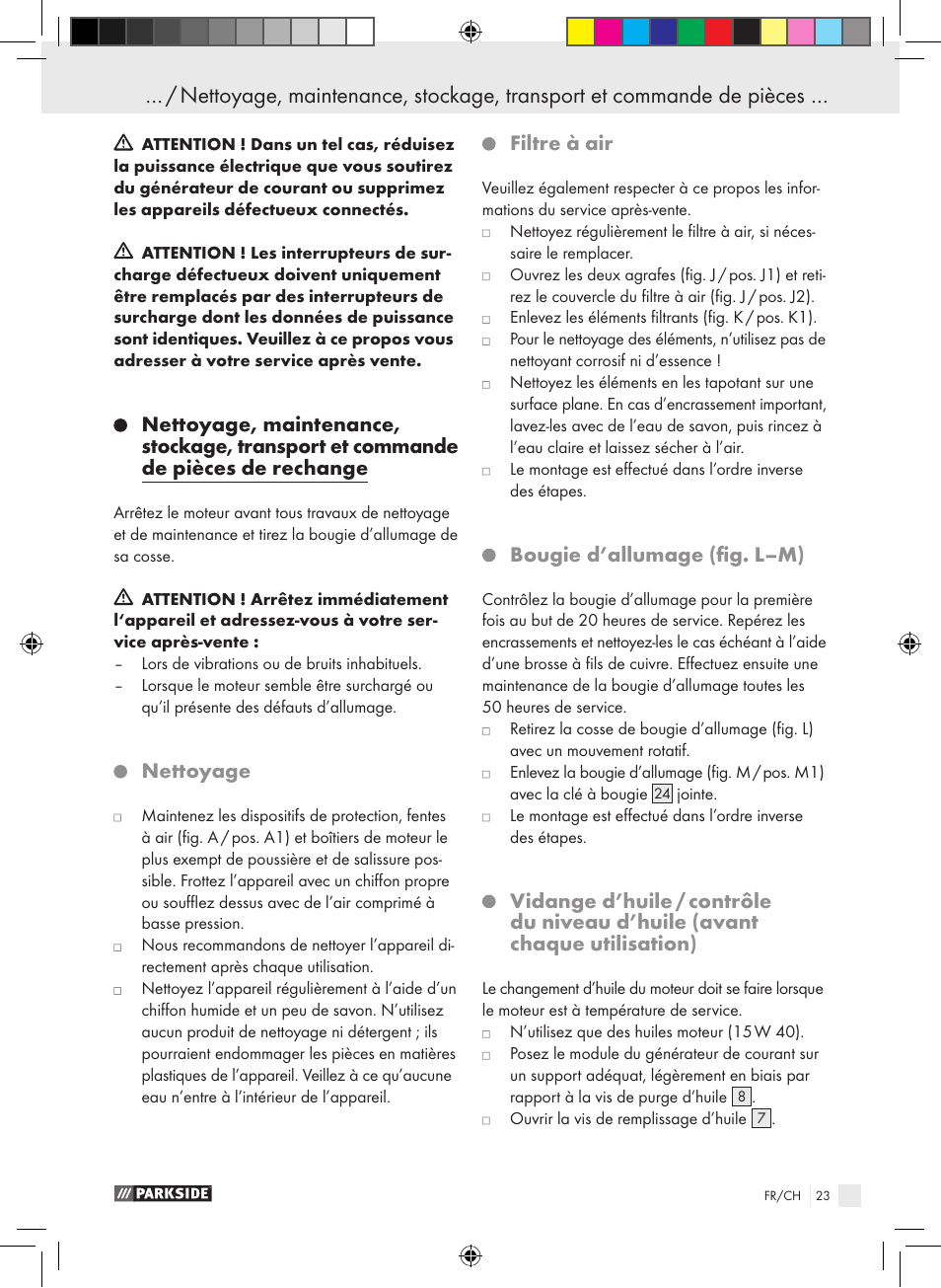 Nettoyage, Filtre à air, Bougie d’allumage (fig. l–m) | Parkside PSE 2800 B2 User Manual | Page 23 / 53