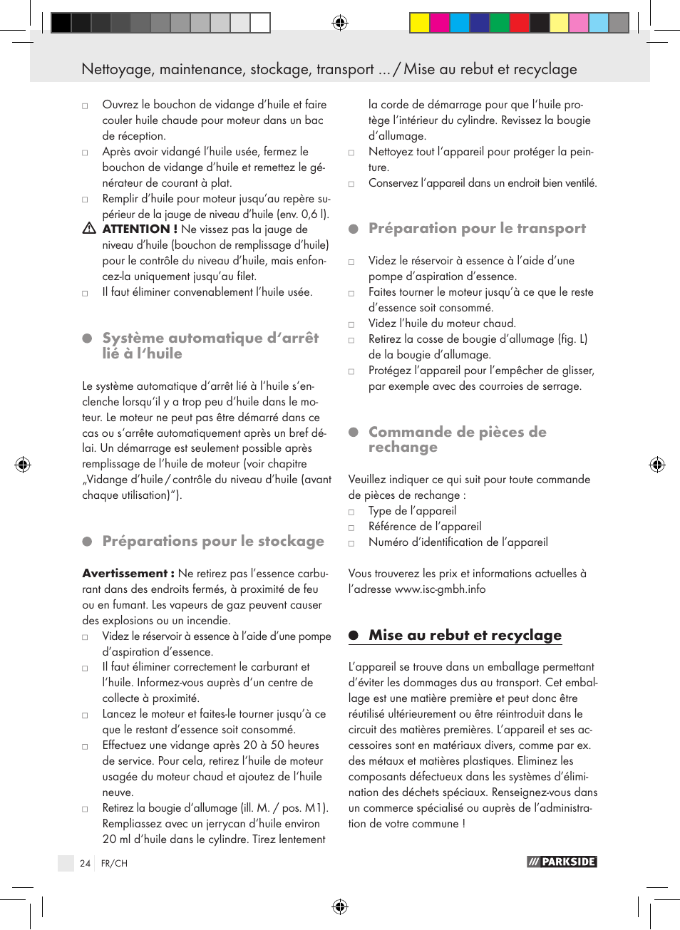 Système automatique d‘arrêt lié à l‘huile, Préparations pour le stockage, Préparation pour le transport | Commande de pièces de rechange, Mise au rebut et recyclage | Parkside PSE 2800 B2 User Manual | Page 24 / 53