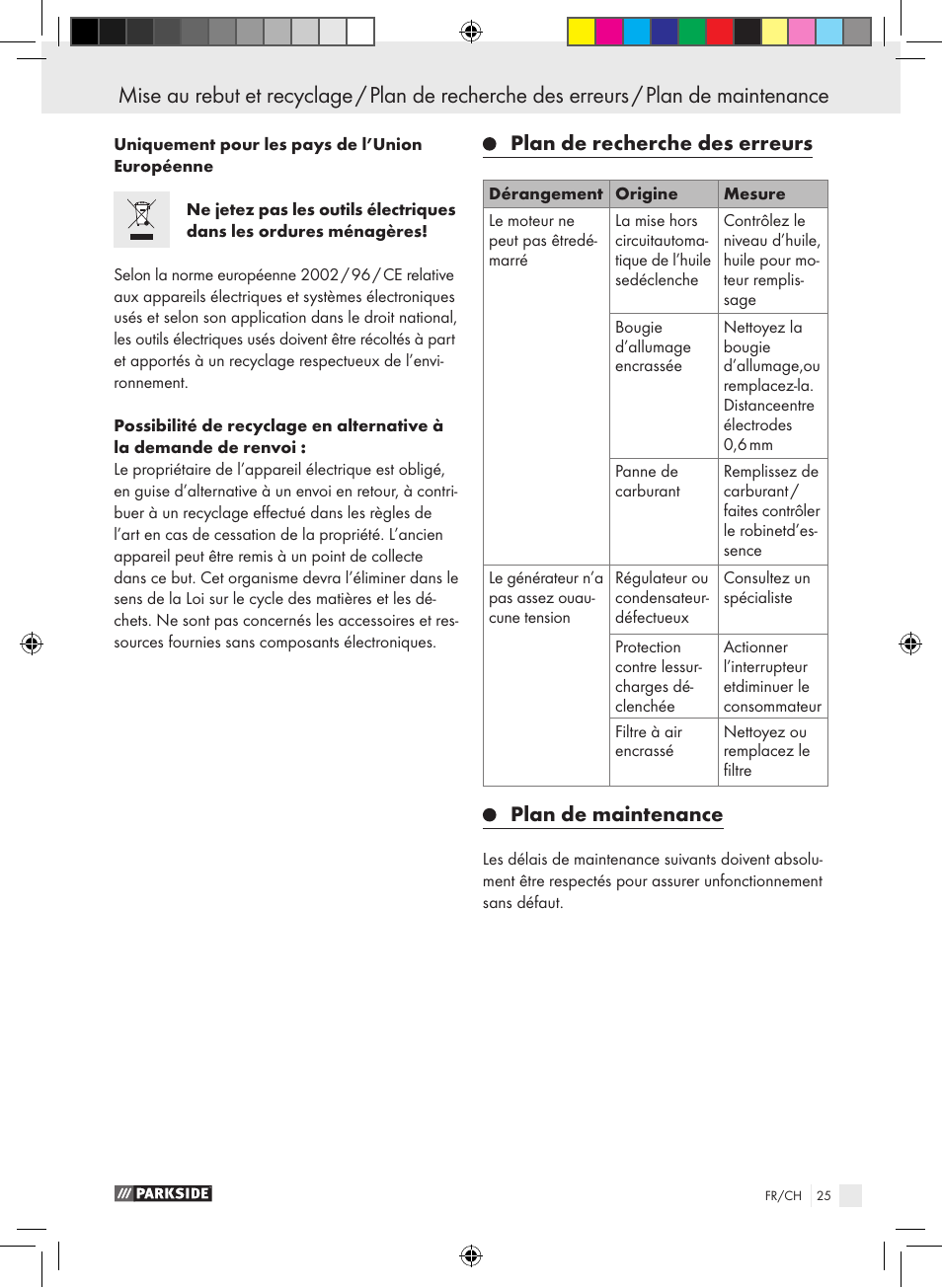 Plan de recherche des erreurs, Plan de maintenance | Parkside PSE 2800 B2 User Manual | Page 25 / 53