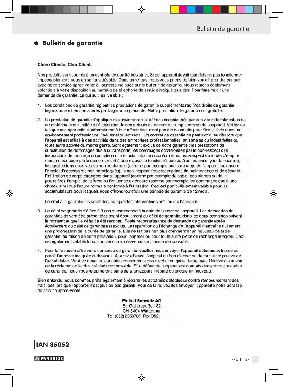 Plan de maintenance bulletin de garantie | Parkside PSE 2800 B2 User Manual | Page 27 / 53