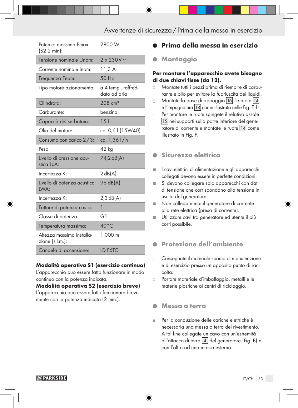 Prima della messa in esercizio montaggio, Sicurezza elettrica, Protezione dell’ambiente | Messa a terra | Parkside PSE 2800 B2 User Manual | Page 33 / 53