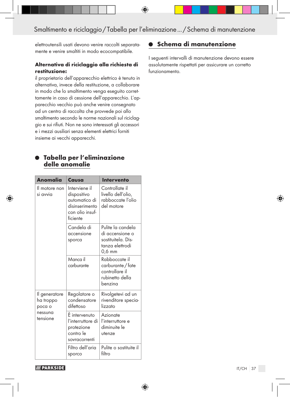 Tabella per l’eliminazione delle anomalie, Schema di manutenzione | Parkside PSE 2800 B2 User Manual | Page 37 / 53