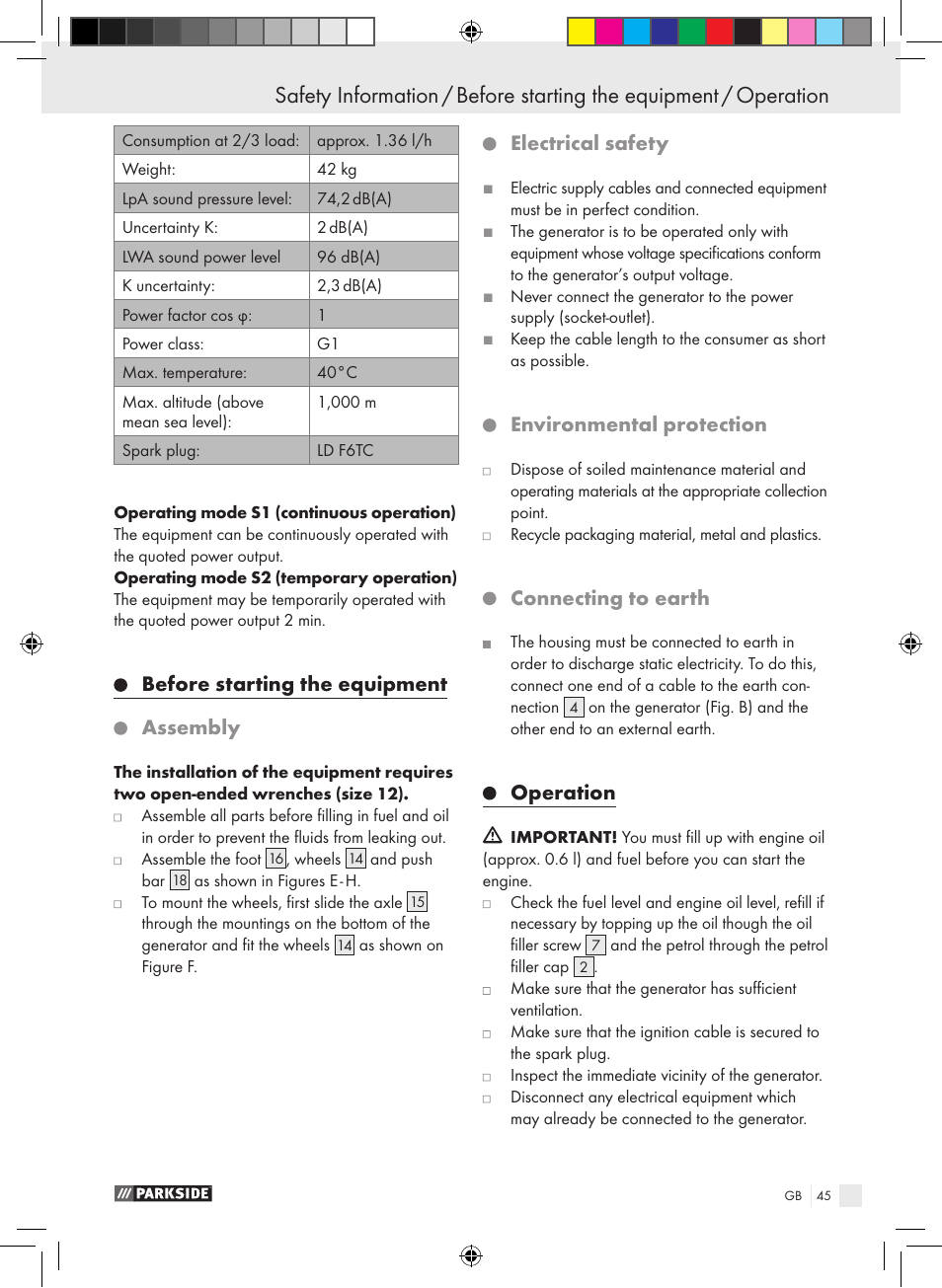 Before starting the equipment assembly, Electrical safety, Environmental protection | Connecting to earth, Operation | Parkside PSE 2800 B2 User Manual | Page 45 / 53