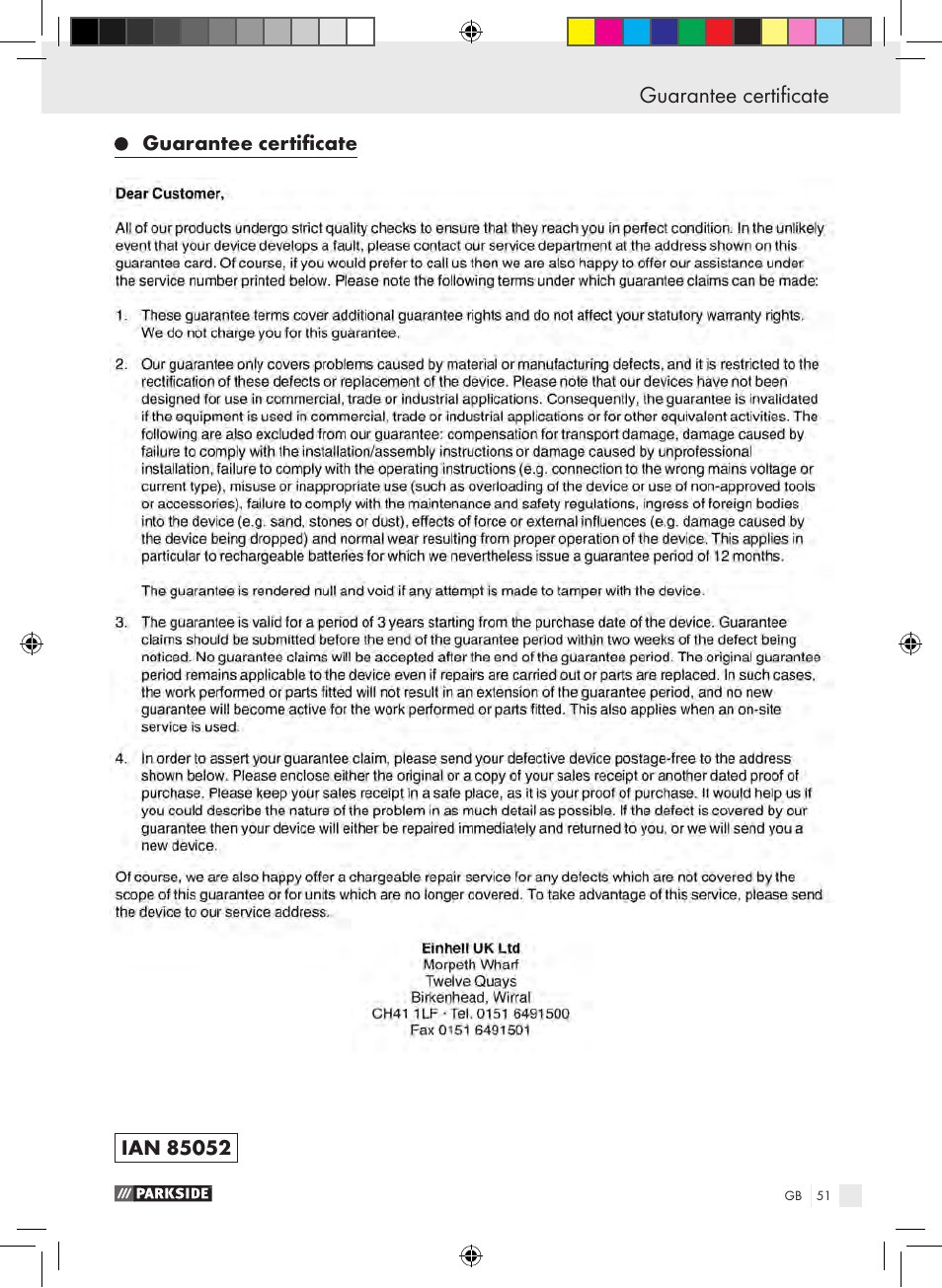 Guarantee certificate maintenance schedule | Parkside PSE 2800 B2 User Manual | Page 51 / 53