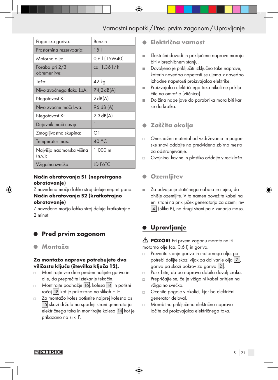 Pred prvim zagonom montaža, Električna varnost, Zaščita okolja | Ozemljitev, Upravljanje | Parkside PSE 2800 B2 User Manual | Page 21 / 65