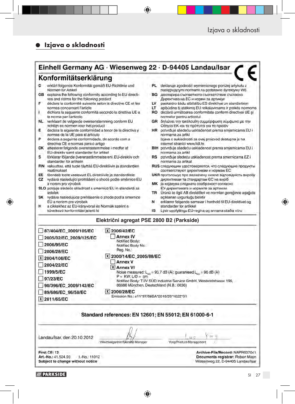 Izjava o skladnosti garancijski list, Izjava o skladnosti | Parkside PSE 2800 B2 User Manual | Page 27 / 65