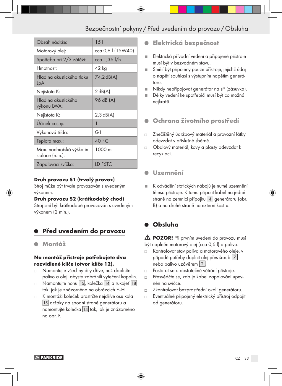 Před uvedením do provozu montáž, Elektrická bezpečnost, Ochrana životního prostředí | Uzemnění, Obsluha | Parkside PSE 2800 B2 User Manual | Page 33 / 65