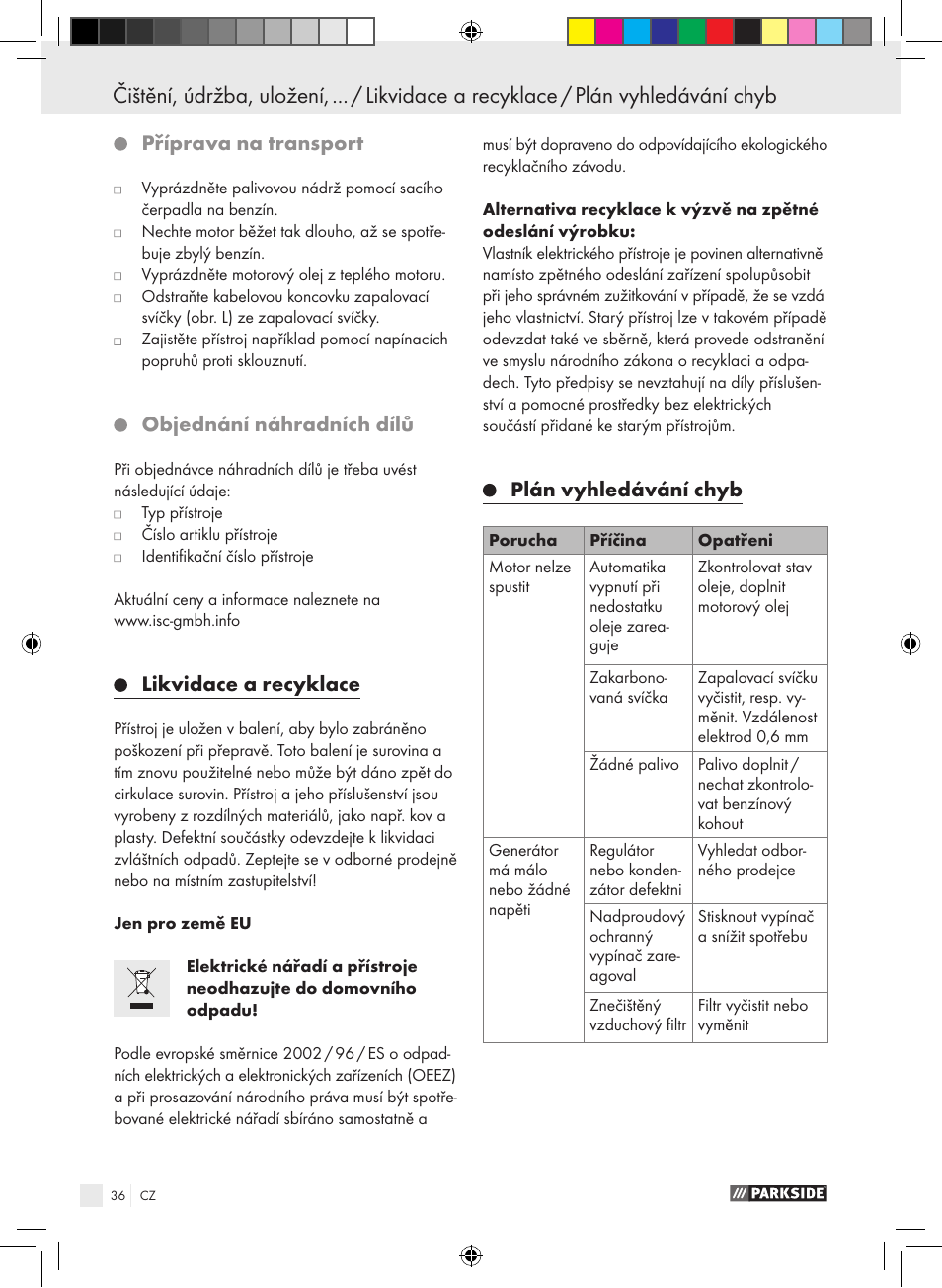 Příprava na transport, Objednání náhradních dílů, Likvidace a recyklace | Plán vyhledávání chyb | Parkside PSE 2800 B2 User Manual | Page 36 / 65