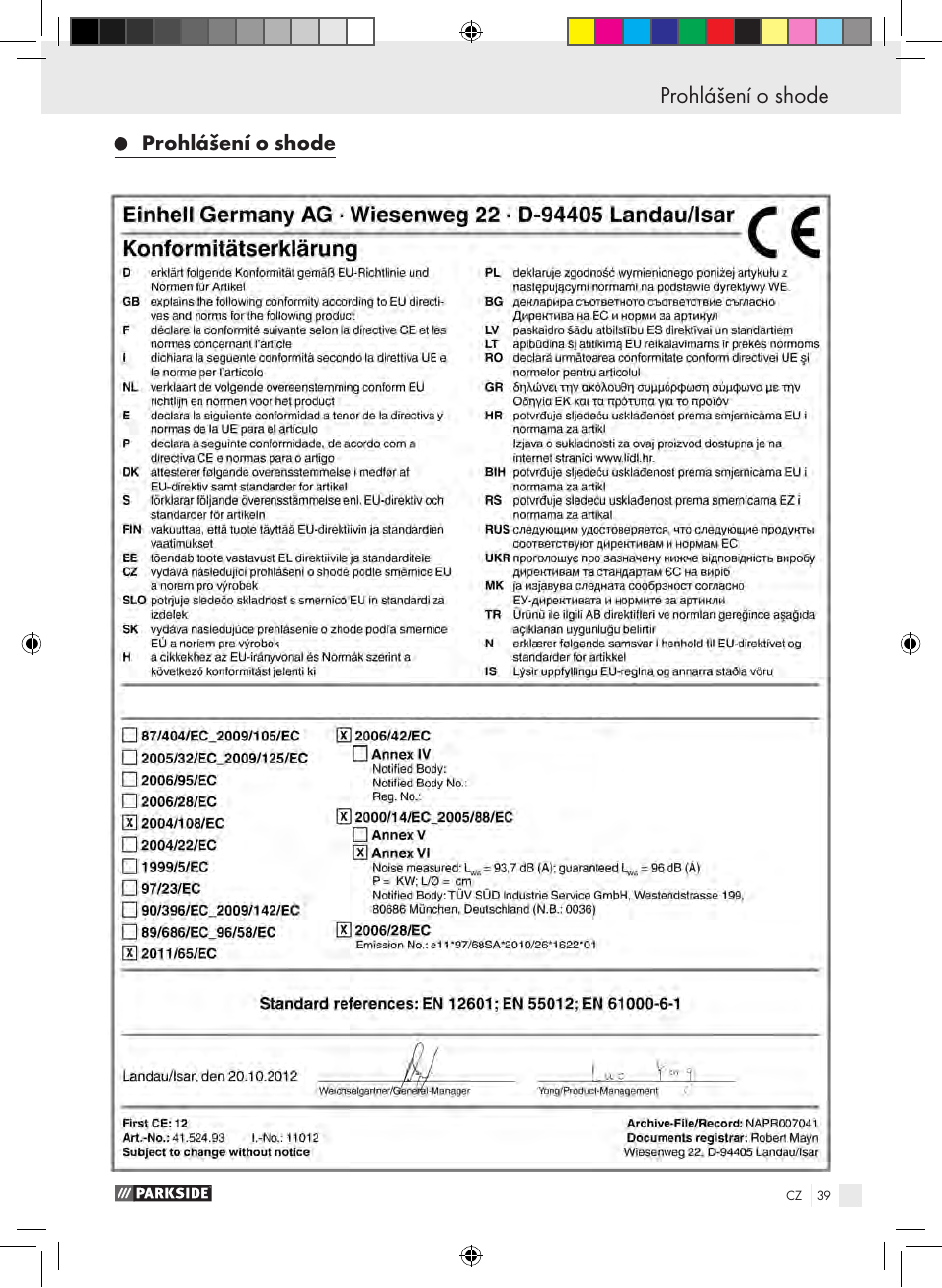 Prohlášení o shode záruční list, Prohlášení o shode | Parkside PSE 2800 B2 User Manual | Page 39 / 65