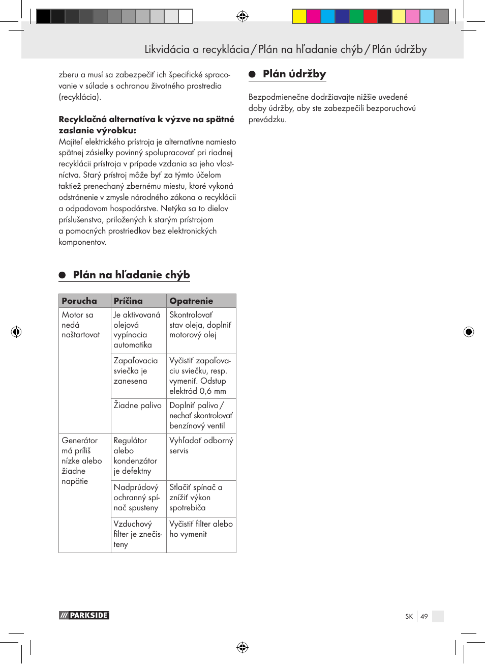 Plán na hľadanie chýb, Plán údržby | Parkside PSE 2800 B2 User Manual | Page 49 / 65