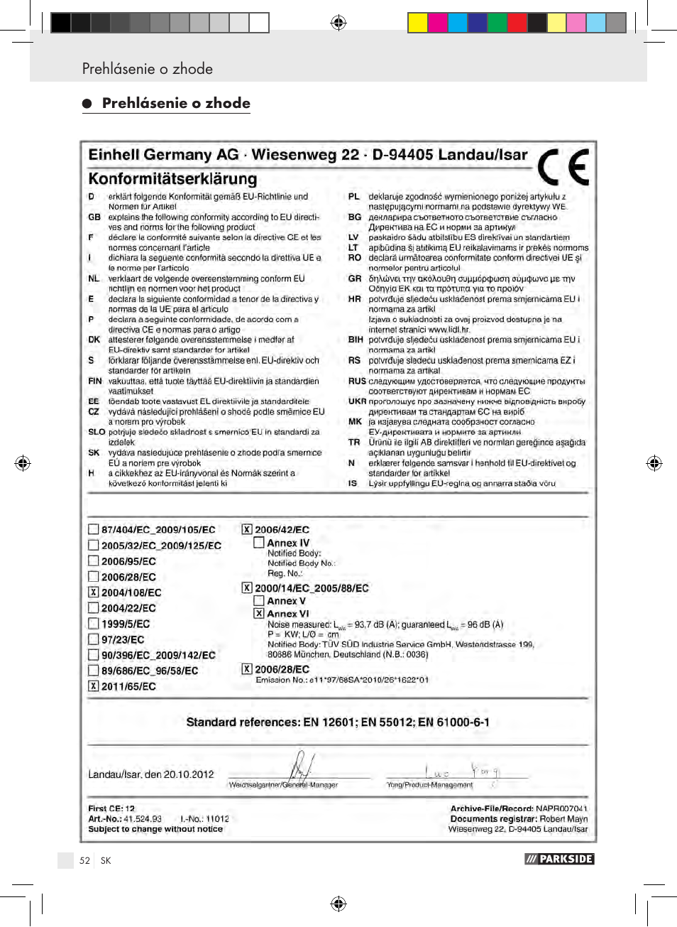 Inhaltsverzeichnis prehlásenie o zhode, Prehlásenie o zhode | Parkside PSE 2800 B2 User Manual | Page 52 / 65