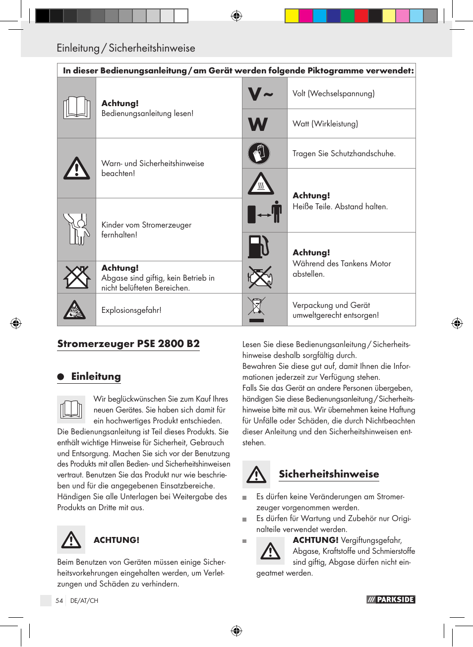 Einleitung / sicherheitshinweise, Sicherheitshinweise | Parkside PSE 2800 B2 User Manual | Page 54 / 65