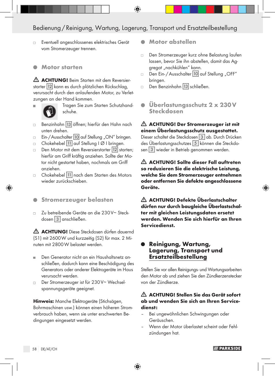Motor starten, Stromerzeuger belasten, Motor abstellen | Überlastungsschutz 2 x 230 v steckdosen | Parkside PSE 2800 B2 User Manual | Page 58 / 65