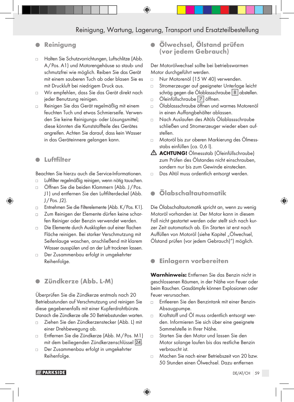 Reinigung, Luftfilter, Zündkerze (abb. l-m) | Ölwechsel, ölstand prüfen (vor jedem gebrauch), Ölabschaltautomatik, Einlagern vorbereiten | Parkside PSE 2800 B2 User Manual | Page 59 / 65