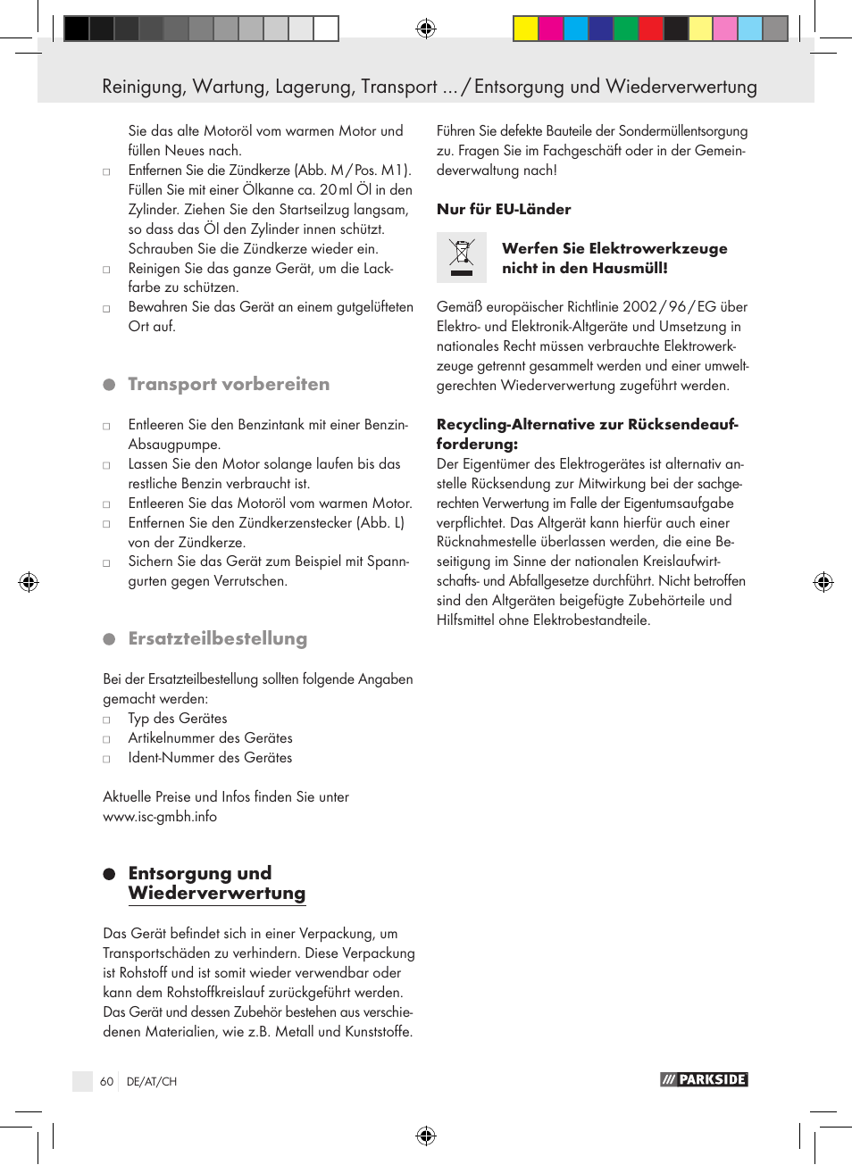 Fehlersuchplan / wartungsplan, Transport vorbereiten, Ersatzteilbestellung | Entsorgung und wiederverwertung | Parkside PSE 2800 B2 User Manual | Page 60 / 65